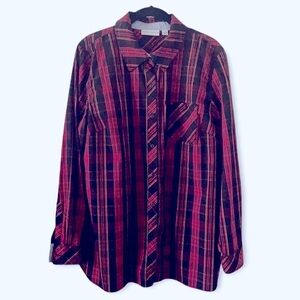 Susan Graver Red Black Plaid Wrinkle Resistant Relaxed Fit Long Sleeve SZ 14